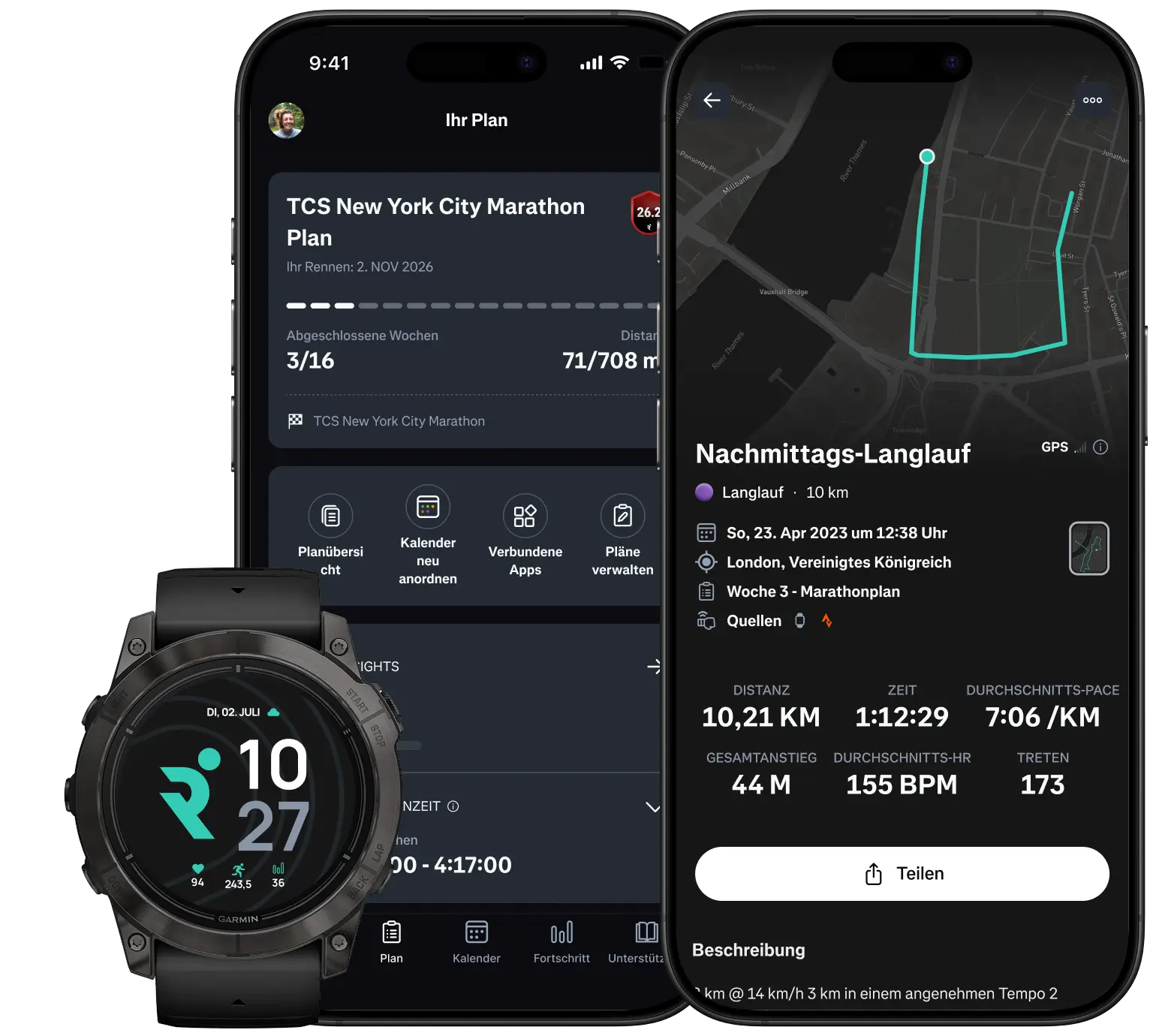 Graphic with two phones and a smartwatch featuring Runna app.