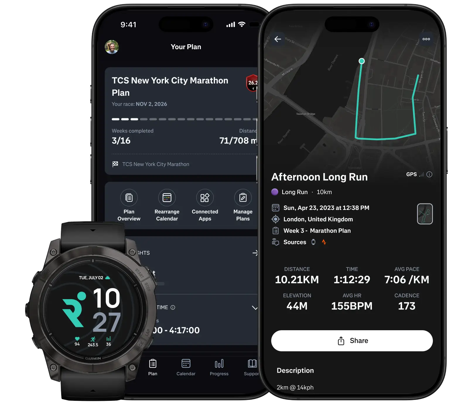 Graphic with two phones and a smartwatch featuring Runna app.
