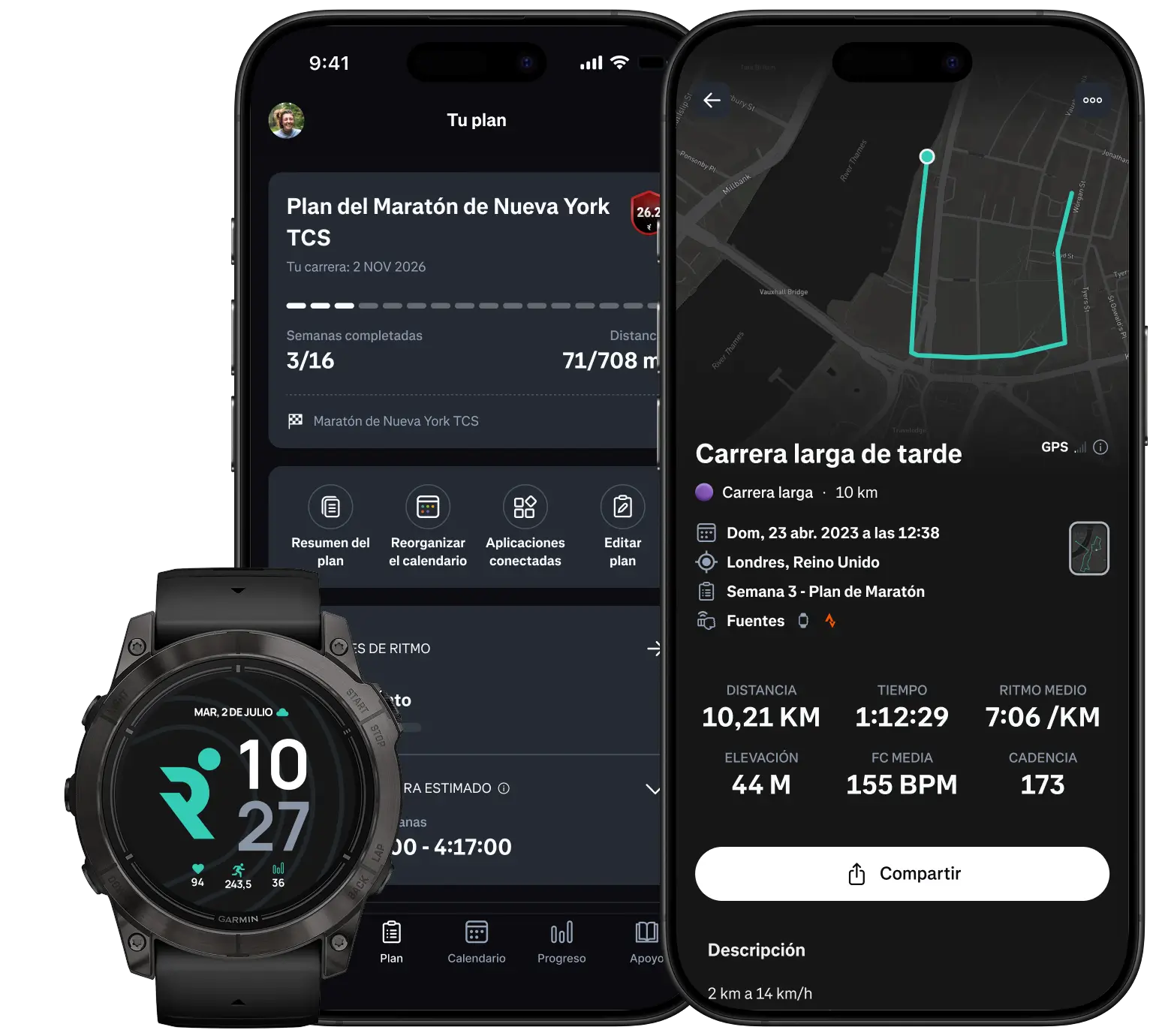 Graphic with two phones and a smartwatch featuring Runna app.