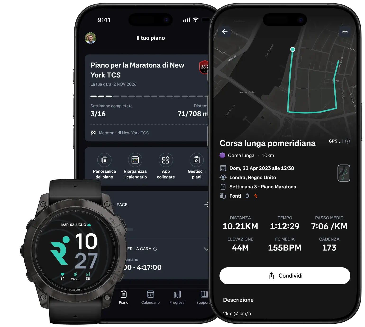Graphic with two phones and a smartwatch featuring Runna app.