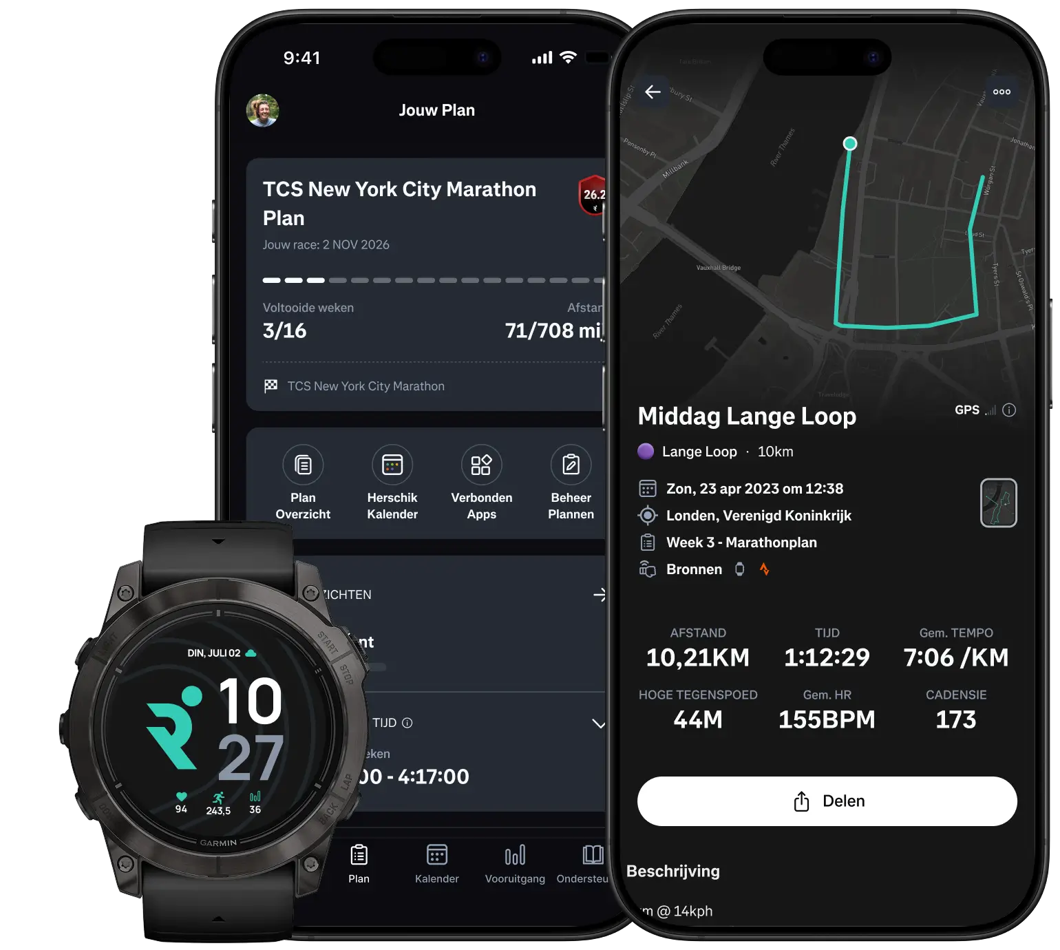 Graphic with two phones and a smartwatch featuring Runna app.