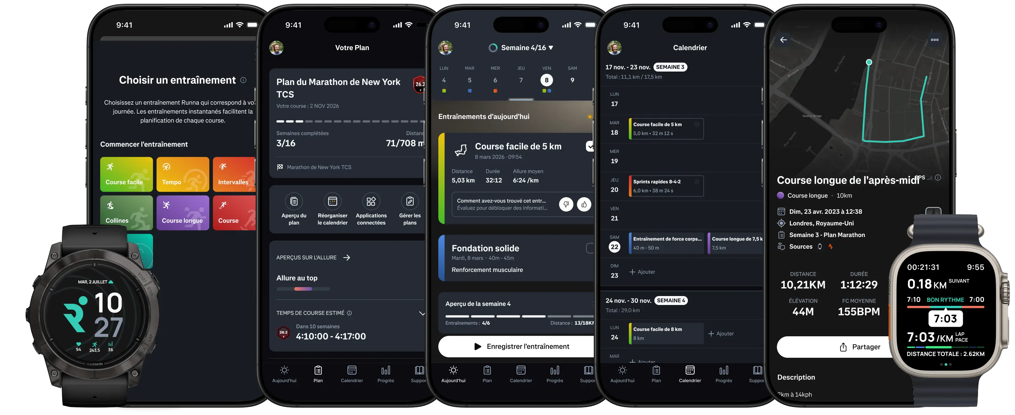 Multiple smartphone and smartwatch screens displaying a running app interface with features for marathon training, workout selection, route tracking, community posts, and run metrics.