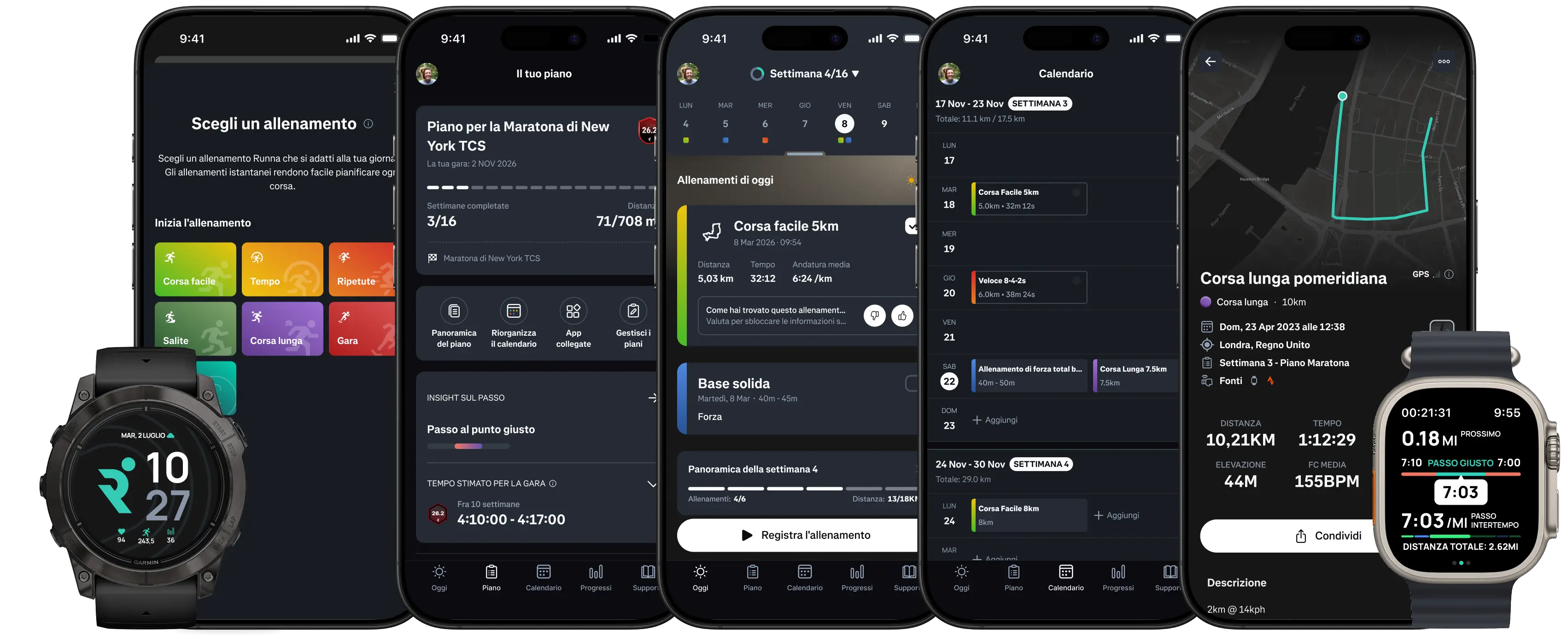 Multiple smartphone and smartwatch screens displaying a running app interface with features for marathon training, workout selection, route tracking, community posts, and run metrics.