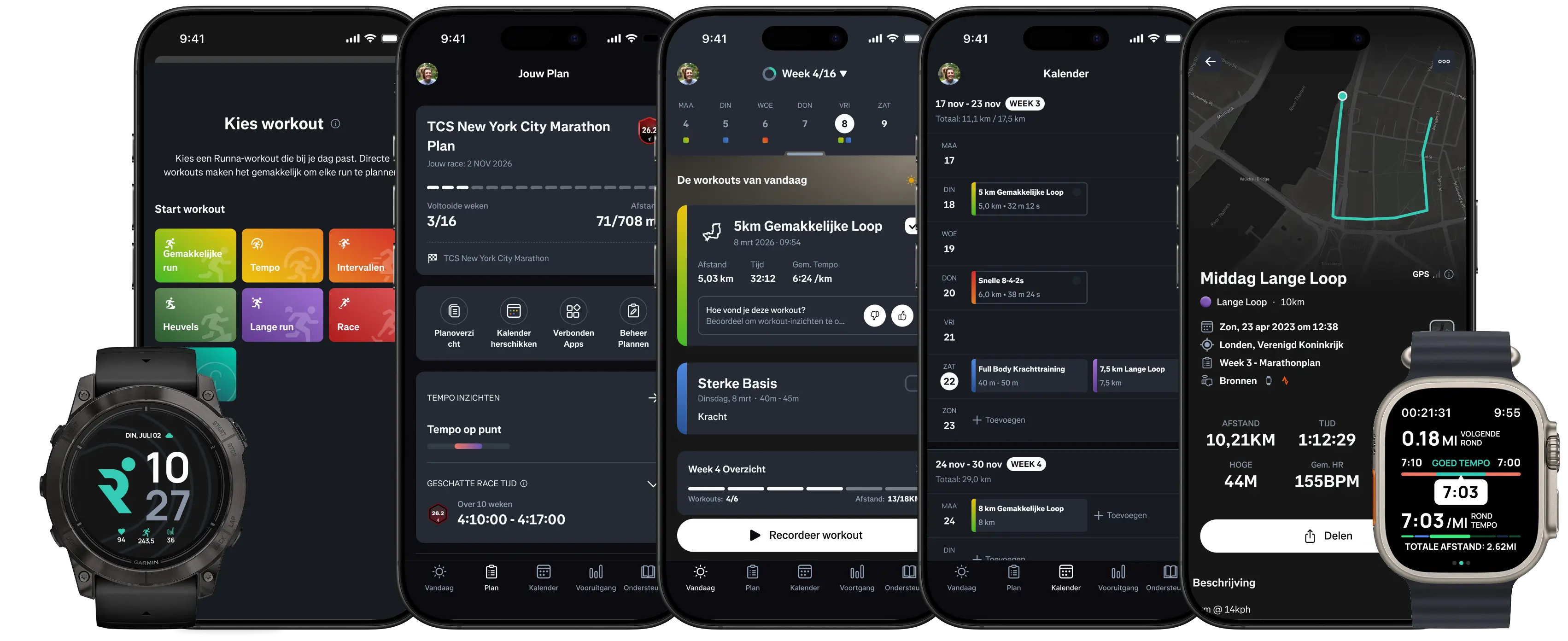 Multiple smartphone and smartwatch screens displaying a running app interface with features for marathon training, workout selection, route tracking, community posts, and run metrics.