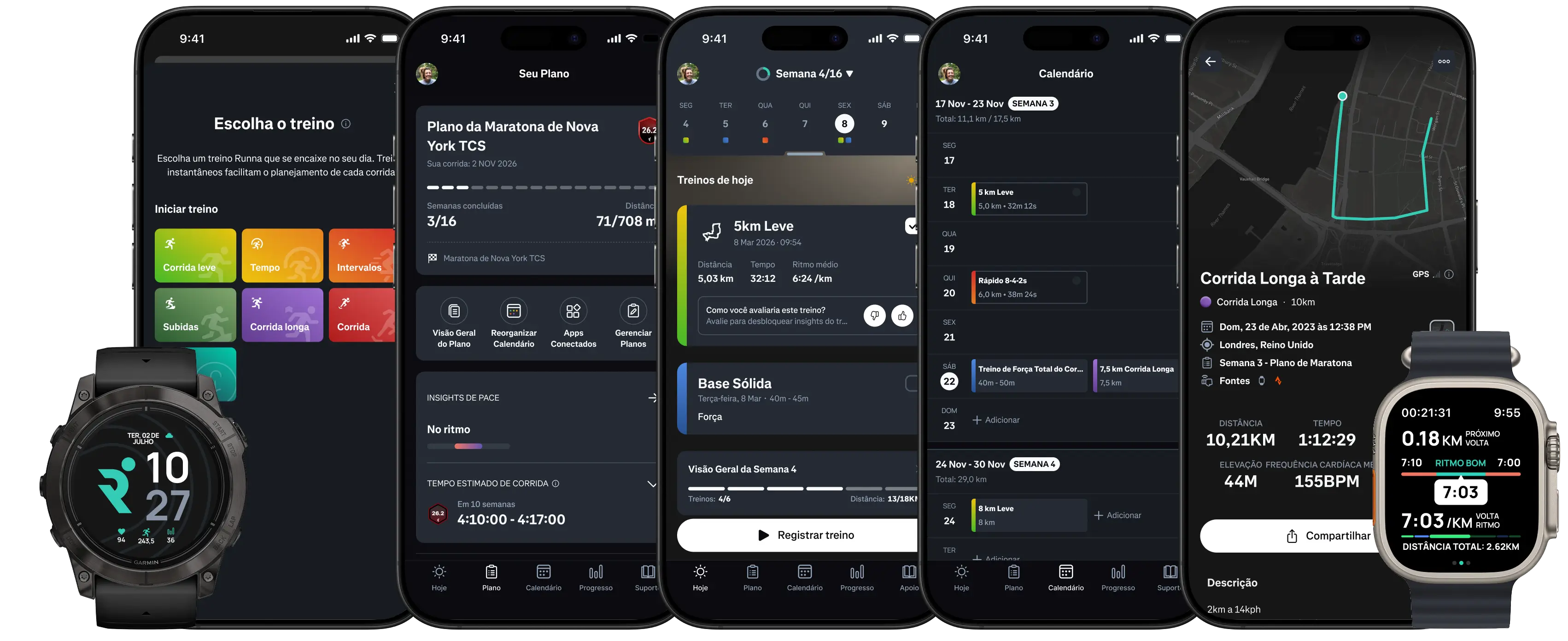 Multiple smartphone and smartwatch screens displaying a running app interface with features for marathon training, workout selection, route tracking, community posts, and run metrics.